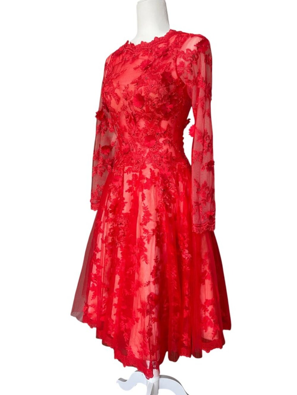 Elegant Red Lace Prom Dress A Line Knee Length Appliques Size Small - Picture 4 of 16